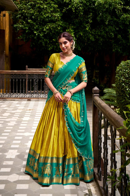Mustard Yellow & Teal Blue Silk Lehenga Choli with Gold Zari Border