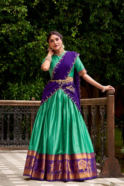Green & Purple Traditional Poly Cotton Lehenga Choli with Zari Border