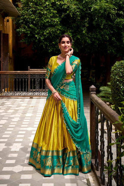 Mustard Yellow & Teal Blue Silk Lehenga Choli with Gold Zari Border