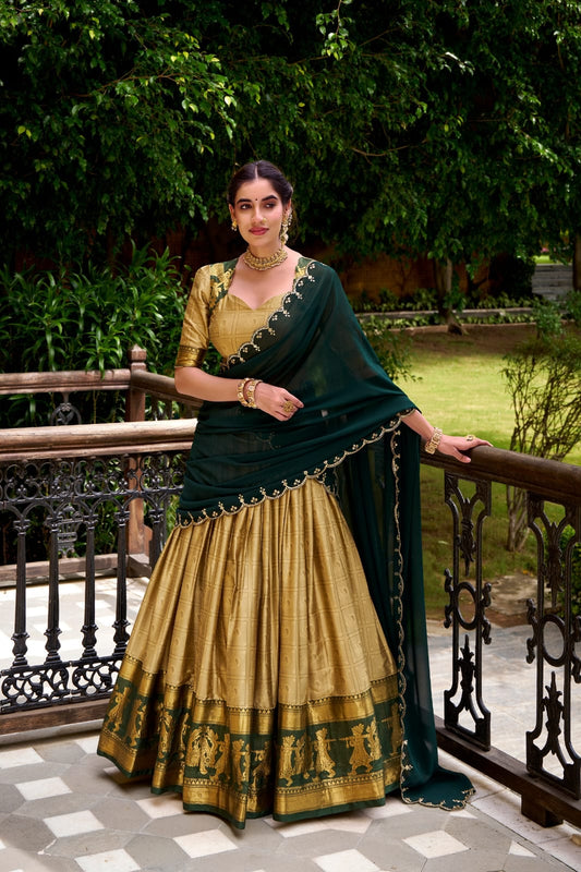 Gold & Bottle Green Silk Lehenga Choli with Traditional Zari Work