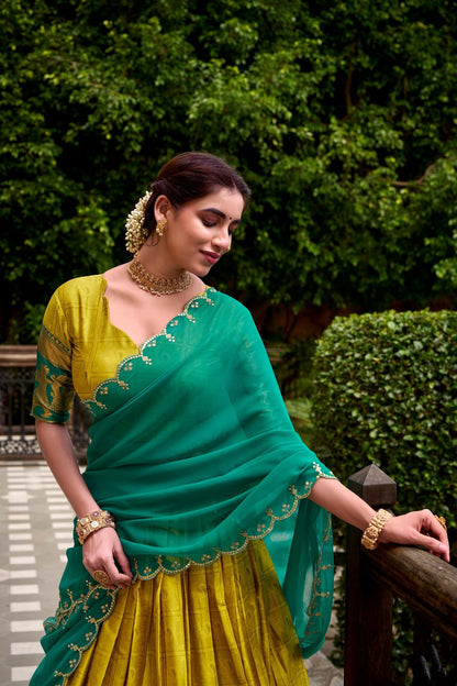 Mustard Yellow & Teal Blue Silk Lehenga Choli with Gold Zari Border