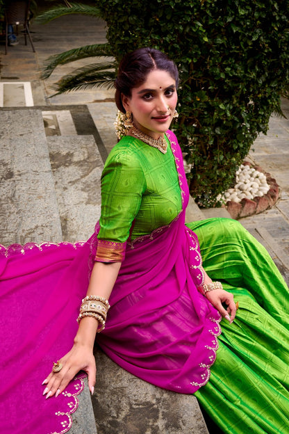 Parrot Green & Pink Poly Cotton Lehenga Choli with Gold Zari Work