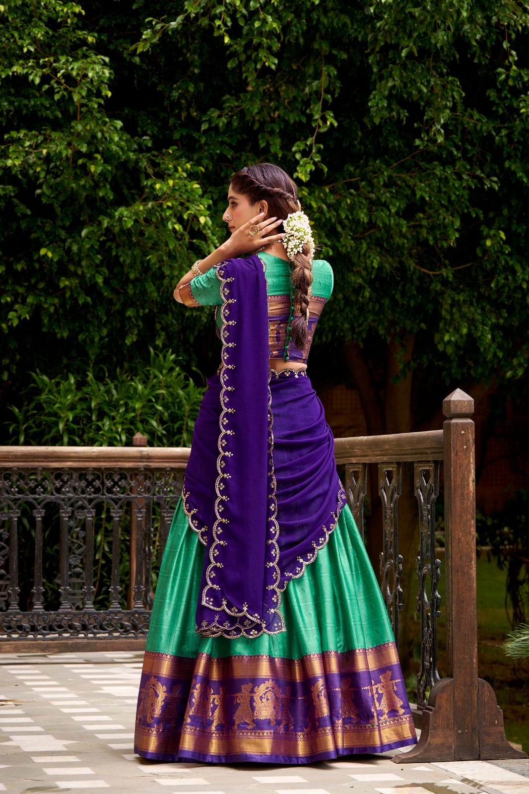 Green & Purple Traditional Poly Cotton Lehenga Choli with Zari Border