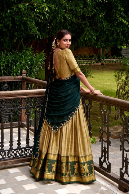 Gold & Bottle Green Silk Lehenga Choli with Traditional Zari Work
