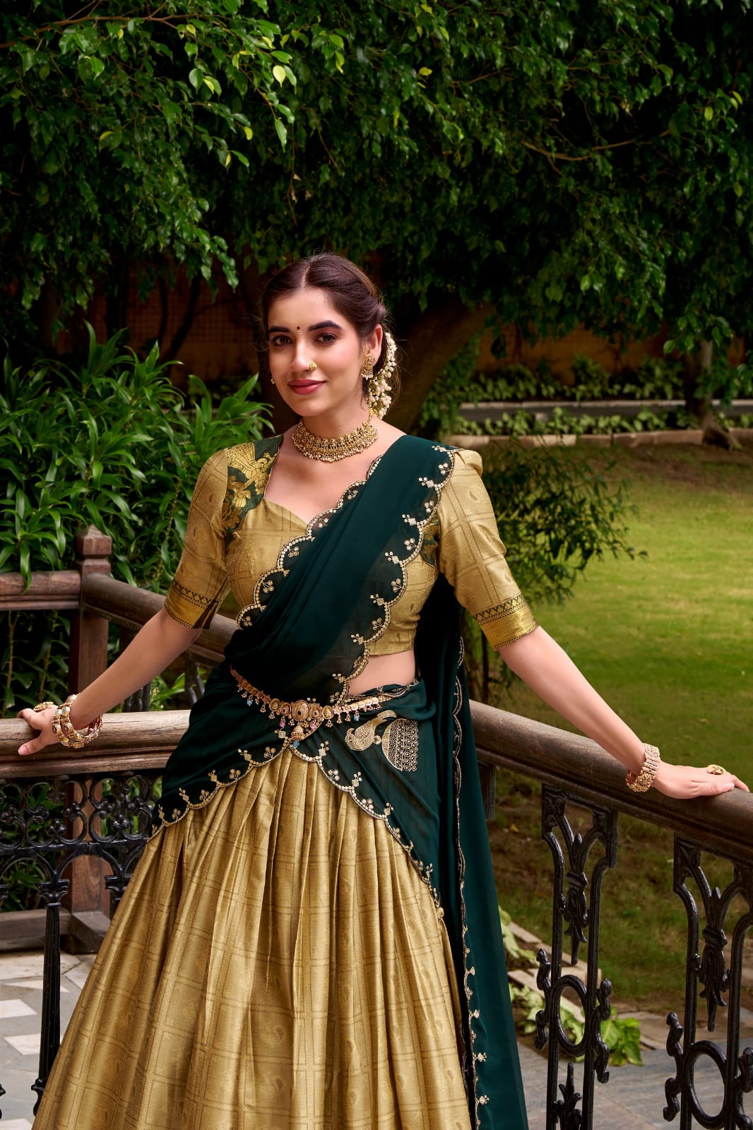 Gold & Bottle Green Silk Lehenga Choli with Traditional Zari Work