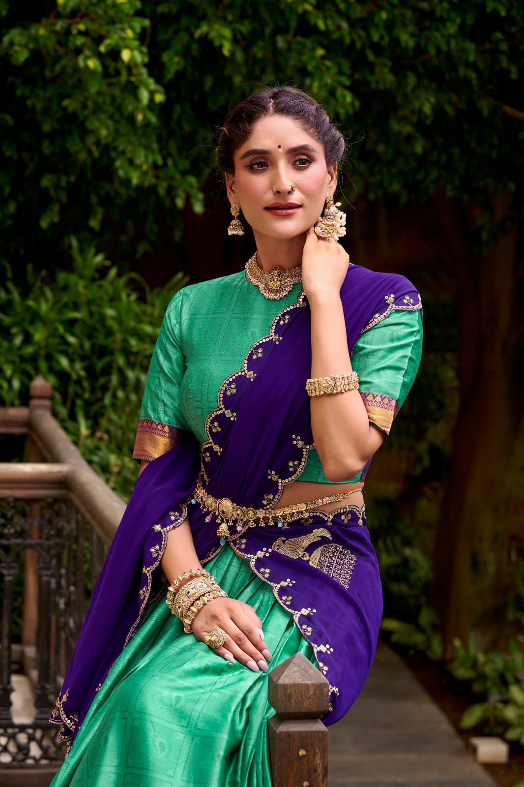 Green & Purple Traditional Poly Cotton Lehenga Choli with Zari Border
