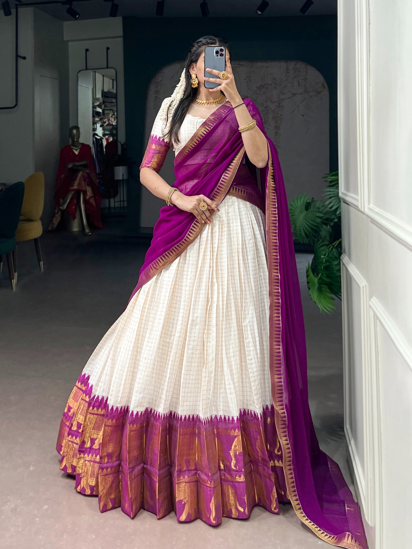 White & Purple Silk Lehenga Choli with Gold Zari Border