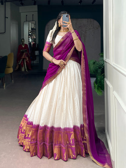 White & Purple Silk Lehenga Choli with Gold Zari Border