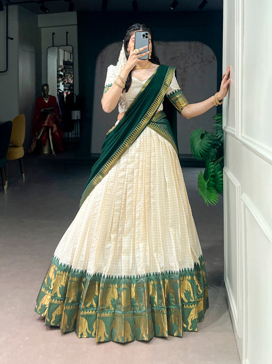 White & Bottle Green Silk Lehenga Choli with Gold Zari Border