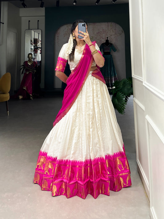 White & Pink Silk Lehenga Choli with Gold Zari Border