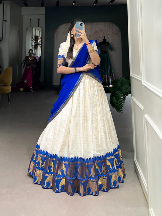 White & Royal Blue Silk Lehenga Choli with Gold Zari Border