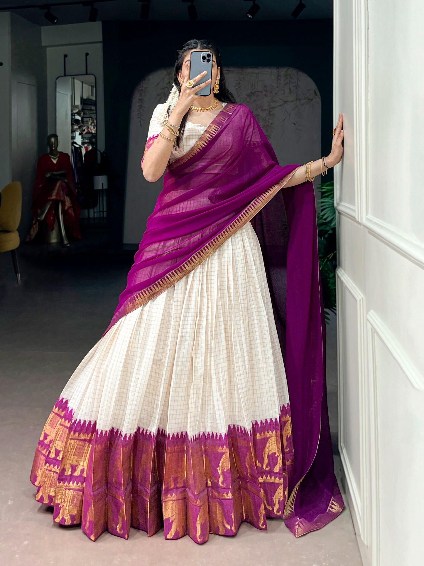 White & Purple Silk Lehenga Choli with Gold Zari Border
