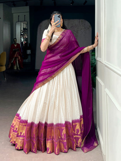 White & Purple Silk Lehenga Choli with Gold Zari Border