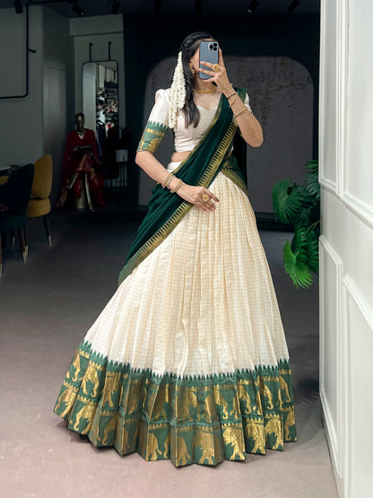 White & Bottle Green Silk Lehenga Choli with Gold Zari Border