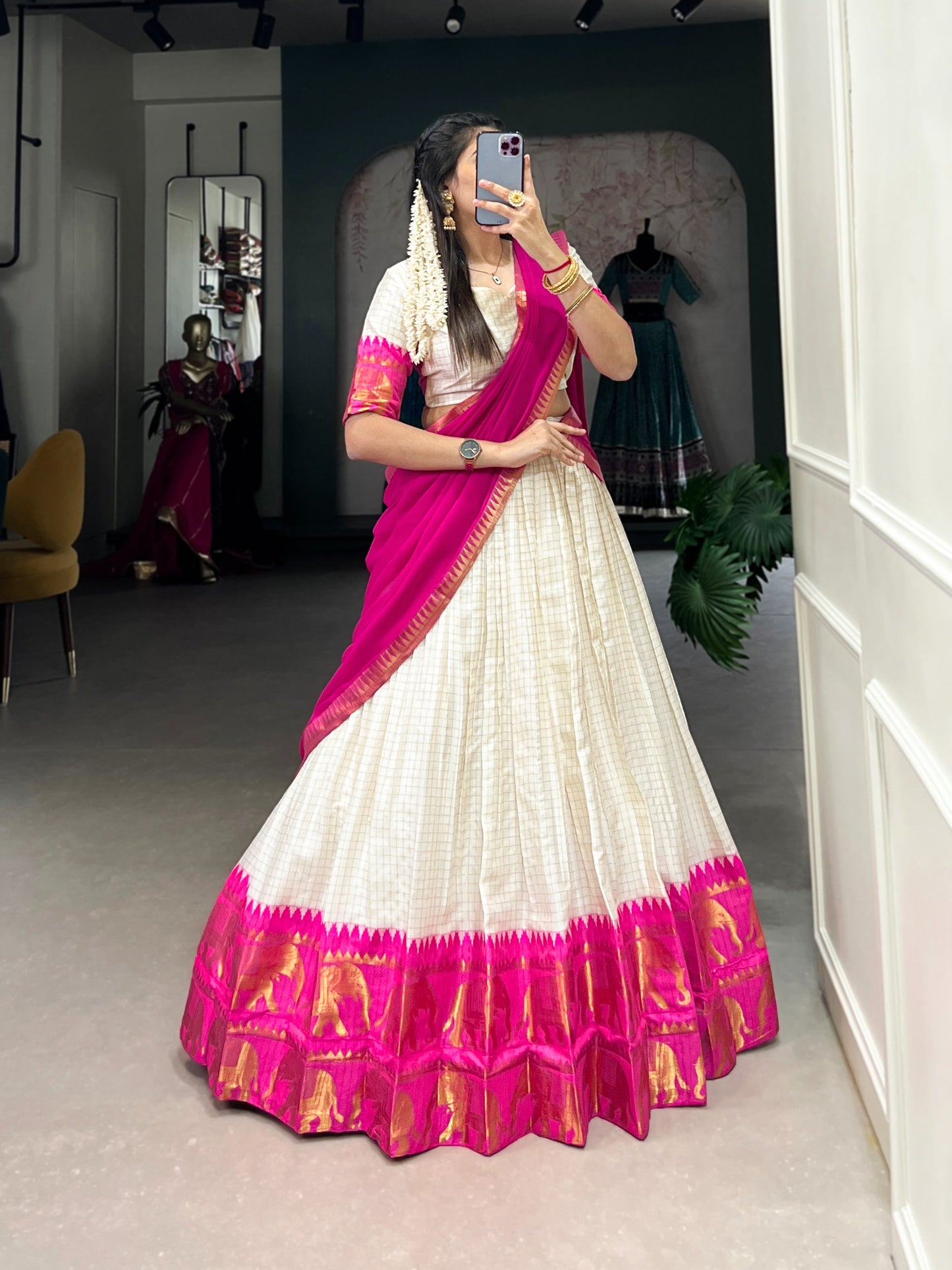 White & Pink Silk Lehenga Choli with Gold Zari Border