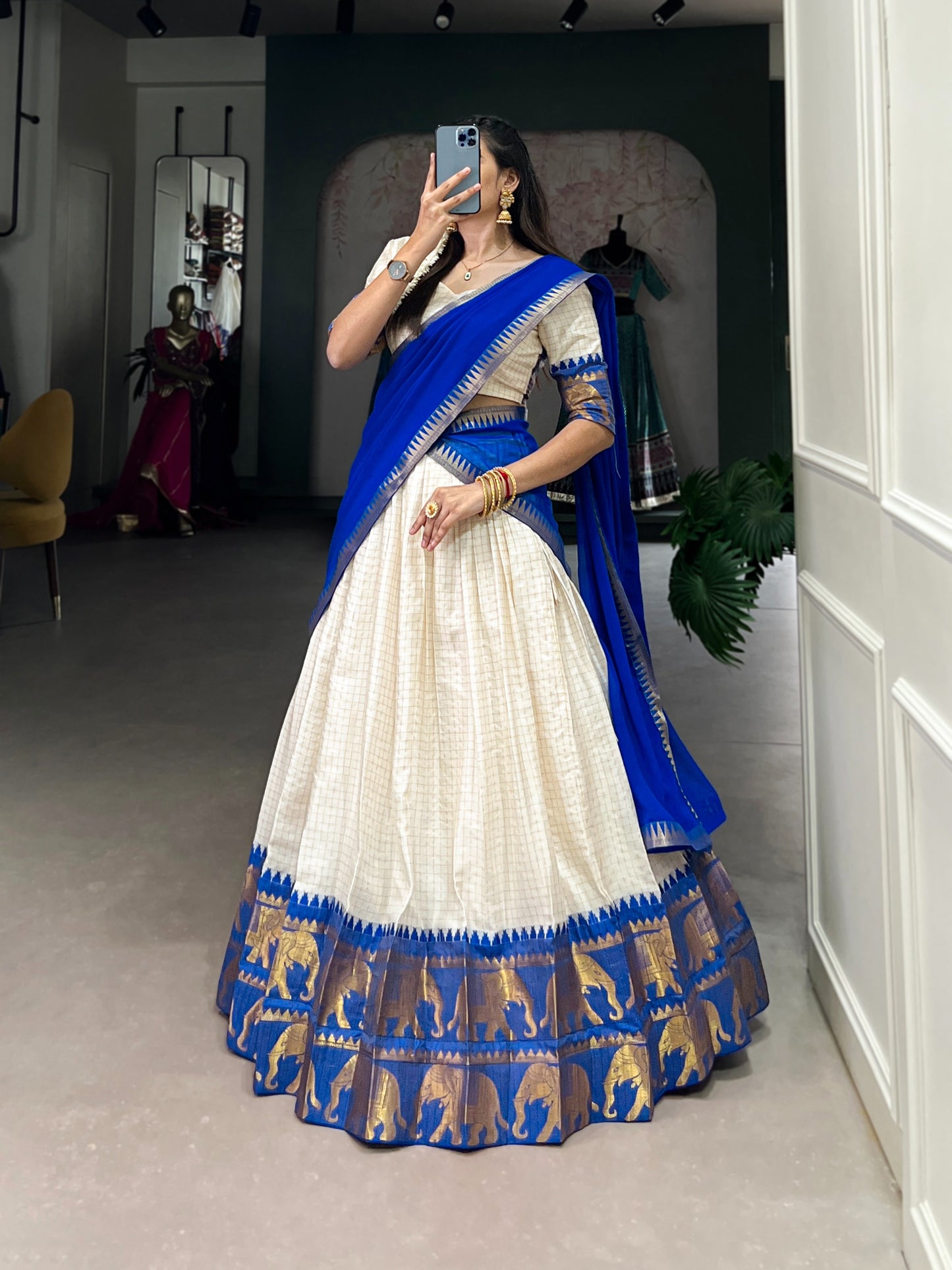 White & Royal Blue Silk Lehenga Choli with Gold Zari Border