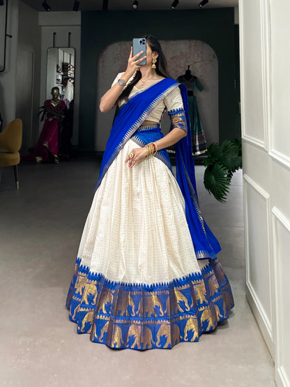 White & Royal Blue Silk Lehenga Choli with Gold Zari Border