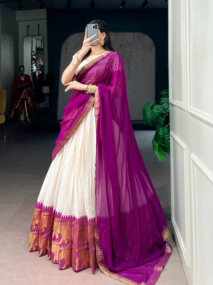White & Purple Silk Lehenga Choli with Gold Zari Border
