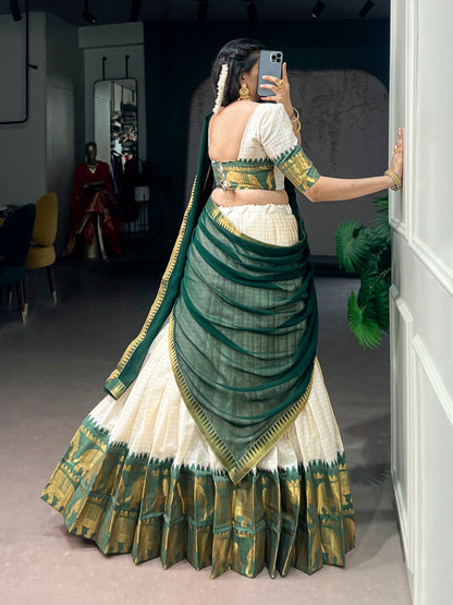 White & Bottle Green Silk Lehenga Choli with Gold Zari Border