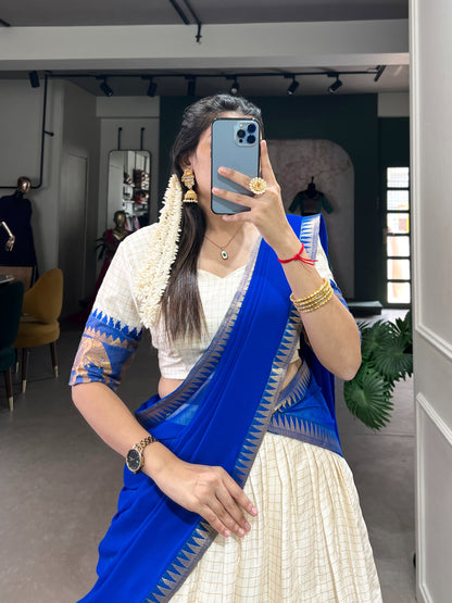 White & Royal Blue Silk Lehenga Choli with Gold Zari Border