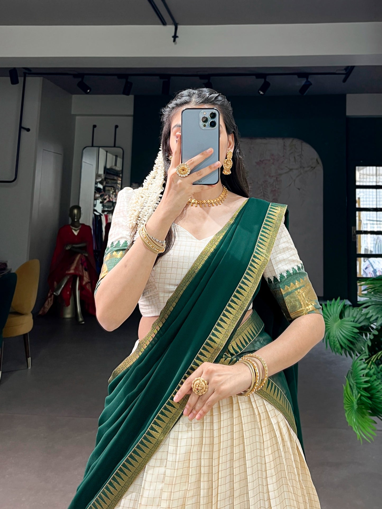 White & Bottle Green Silk Lehenga Choli with Gold Zari Border