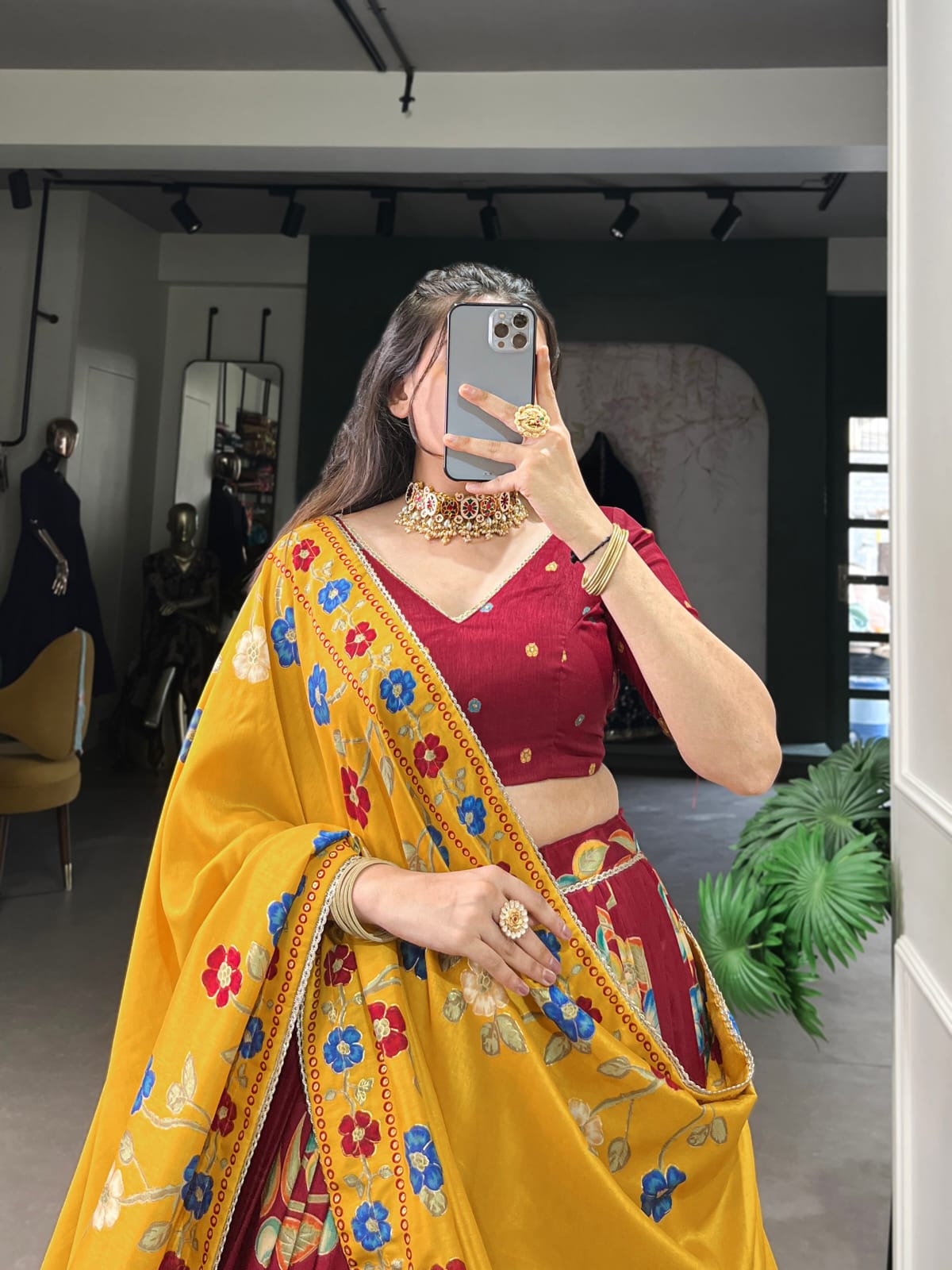Maroon Colour Tussar Silk Printed Lehenga Choli