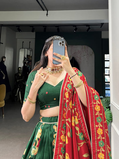 Green Colour Tussar Silk Printed Lehenga Choli