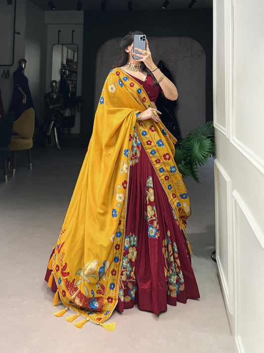 Maroon Colour Tussar Silk Printed Lehenga Choli