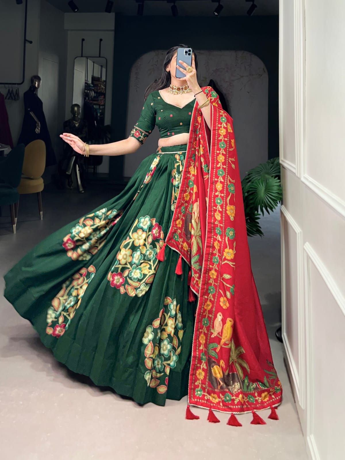 Green Colour Tussar Silk Printed Lehenga Choli