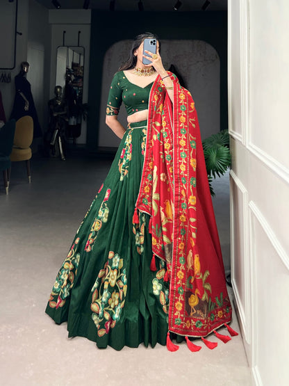 Green Colour Tussar Silk Printed Lehenga Choli