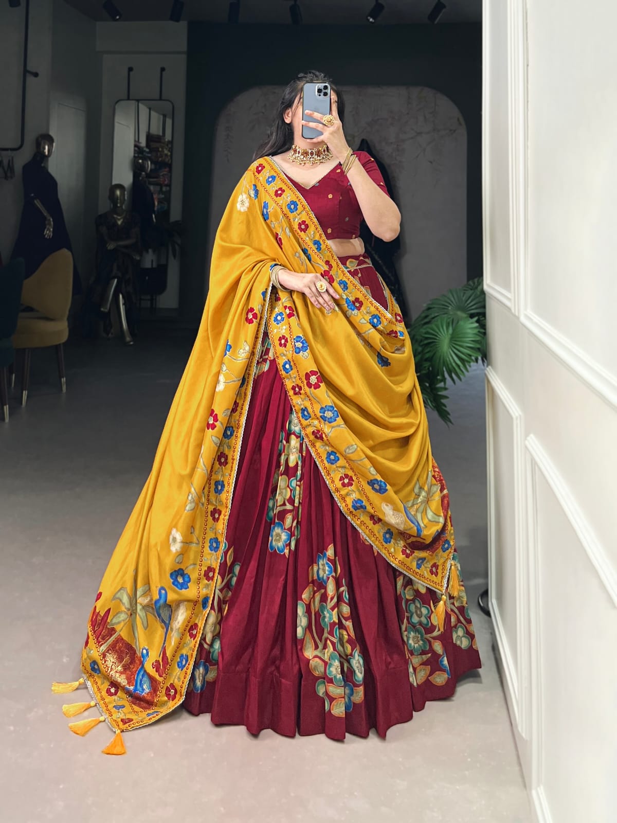 Maroon Colour Tussar Silk Printed Lehenga Choli