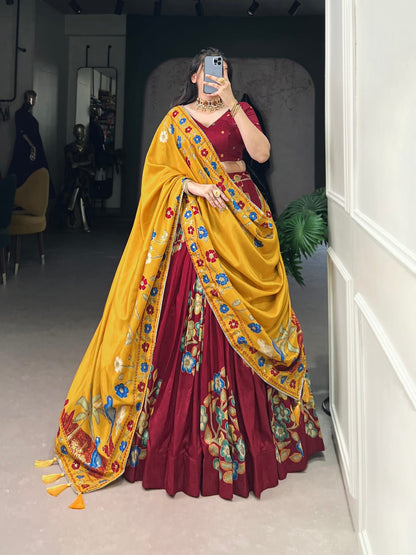 Maroon Colour Tussar Silk Printed Lehenga Choli