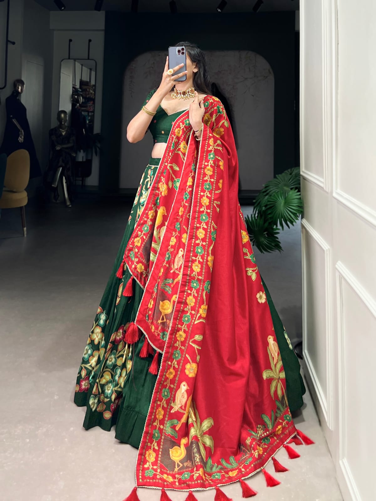 Green Colour Tussar Silk Printed Lehenga Choli