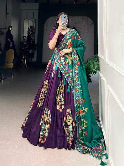 Purple Colour Tussar Silk Printed Lehenga Choli