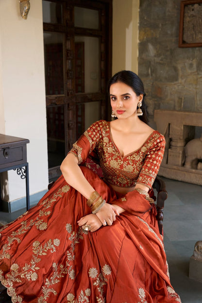 Rust Orange Colour Sequins and Thread Embroidery work  Lehenga Choli