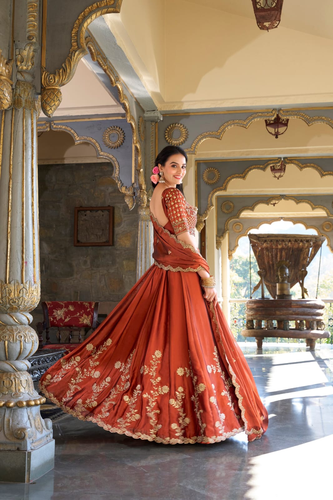 Rust Orange Colour Sequins and Thread Embroidery work  Lehenga Choli