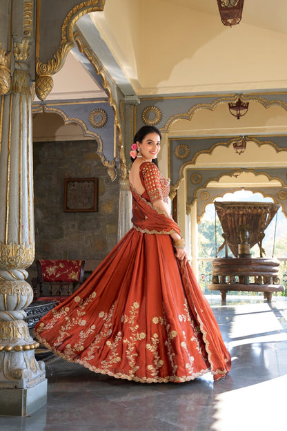 Rust Orange Colour Sequins and Thread Embroidery work  Lehenga Choli