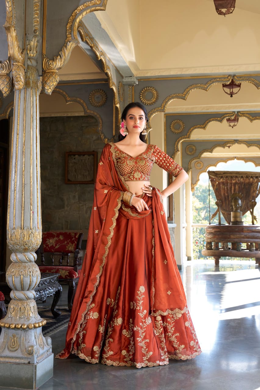 Rust Orange Colour Sequins and Thread Embroidery work  Lehenga Choli