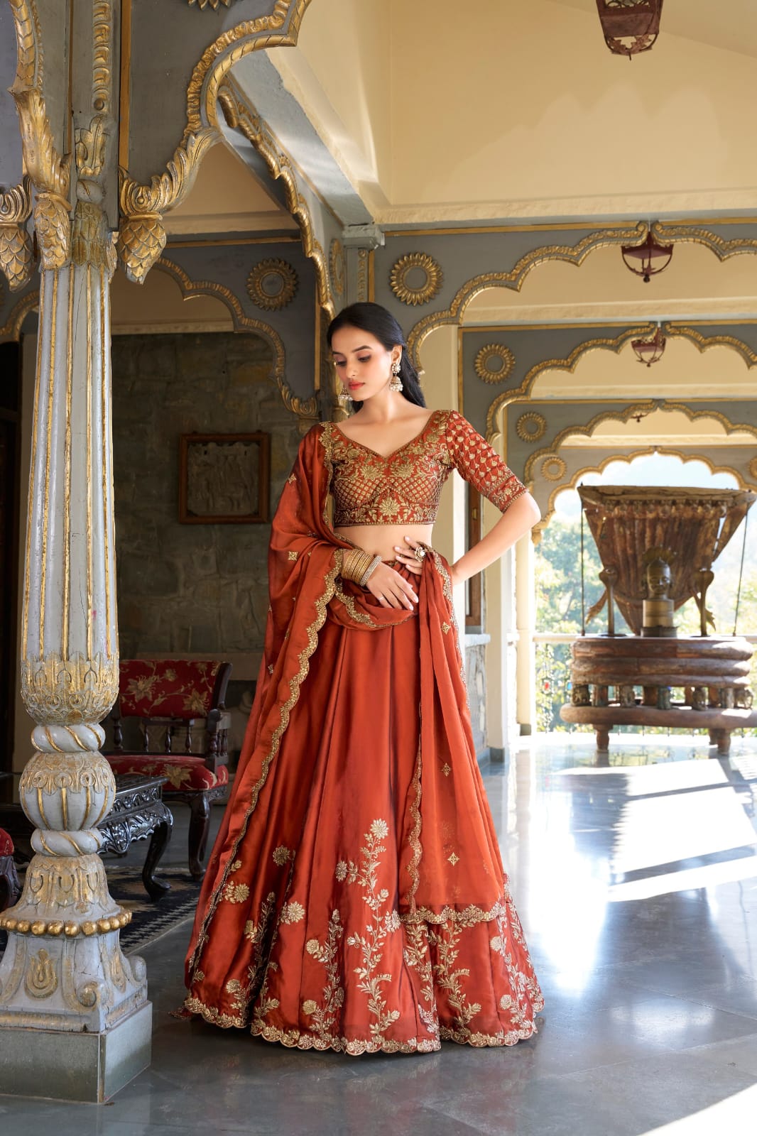 Rust Orange Colour Sequins and Thread Embroidery work  Lehenga Choli