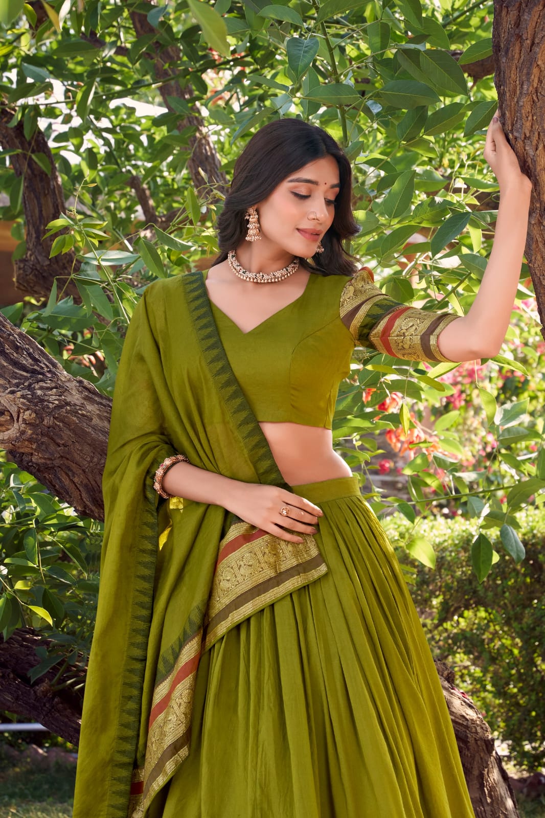 Mehendi Green Lehenga Choli With Dupatta | Traditional South Indian Half Saree