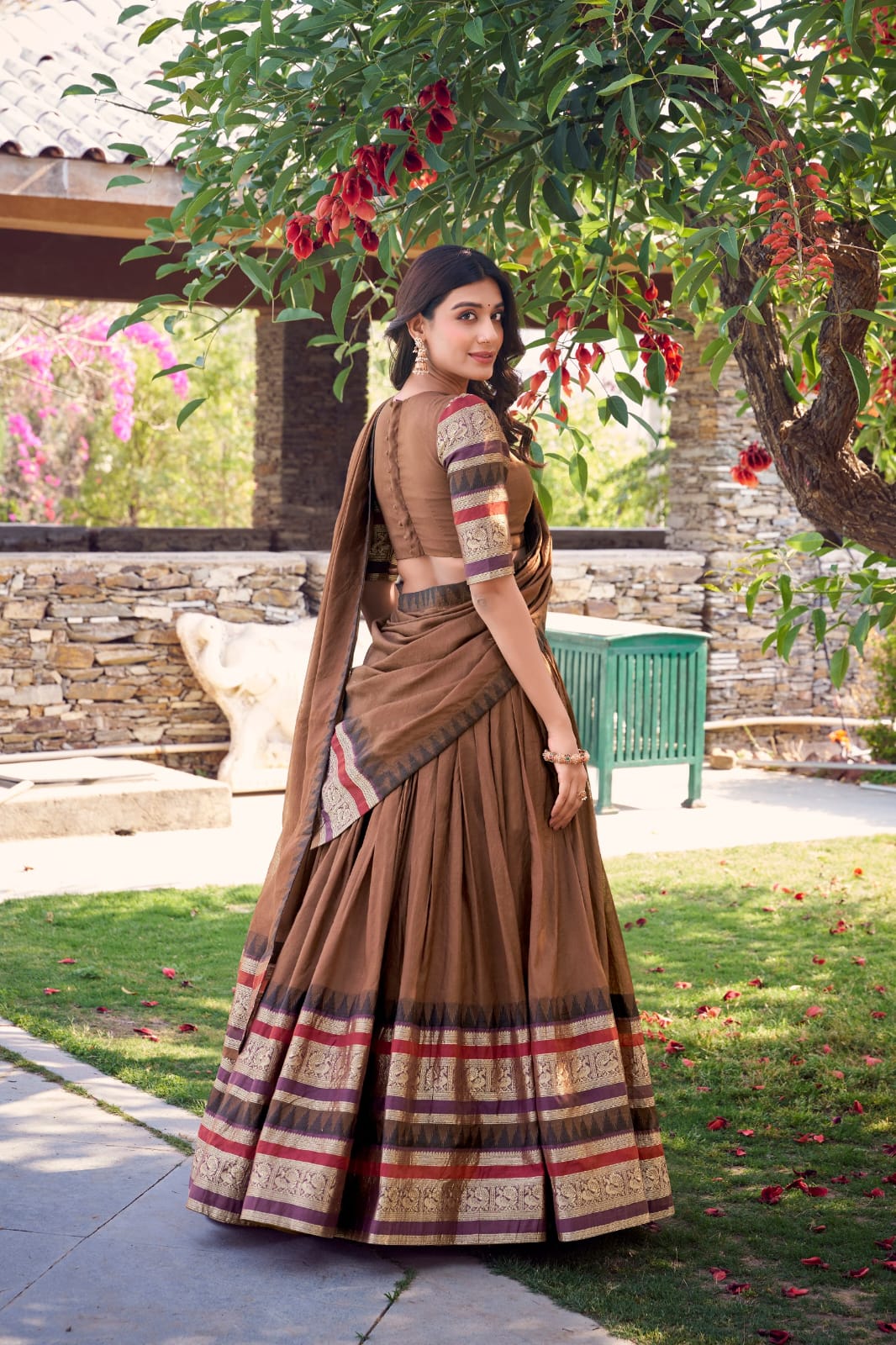Brown Traditional Lehenga Choli With Dupatta | Traditional South Indian Half Saree