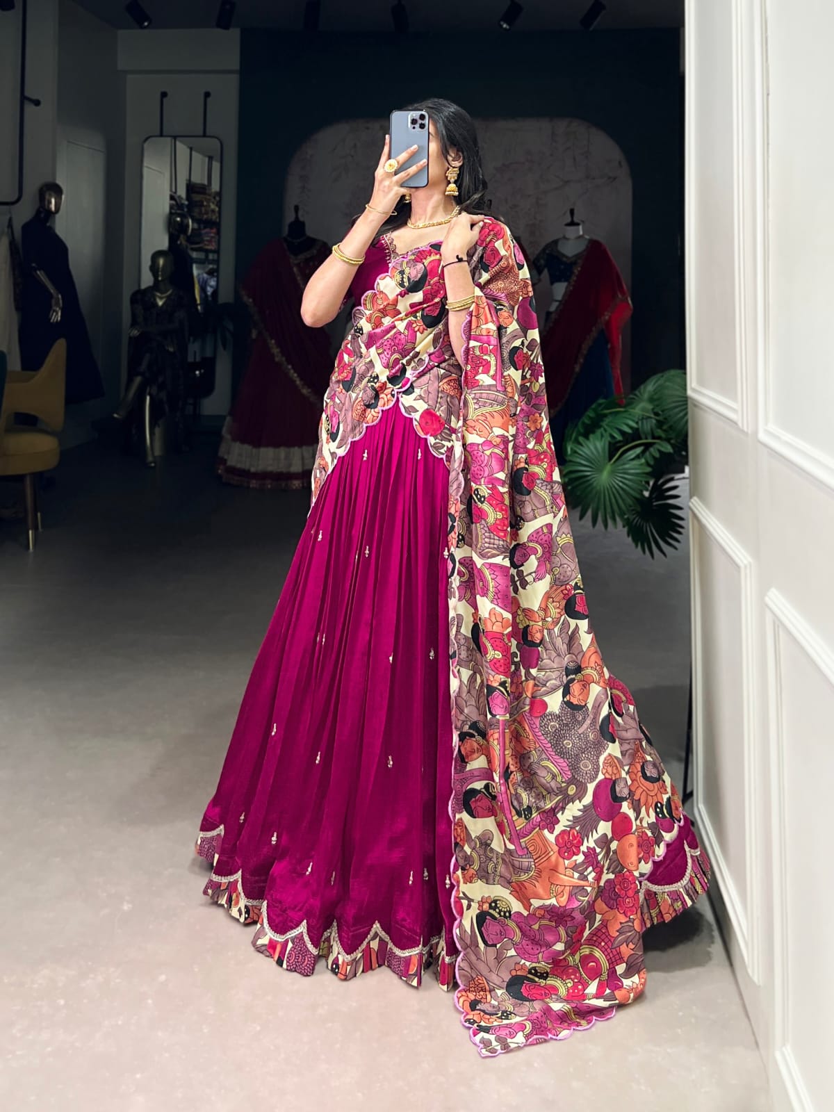 Kalamkari Print Traditional Lehenga Choli With Dupatta | Traditional South Indian Half Saree