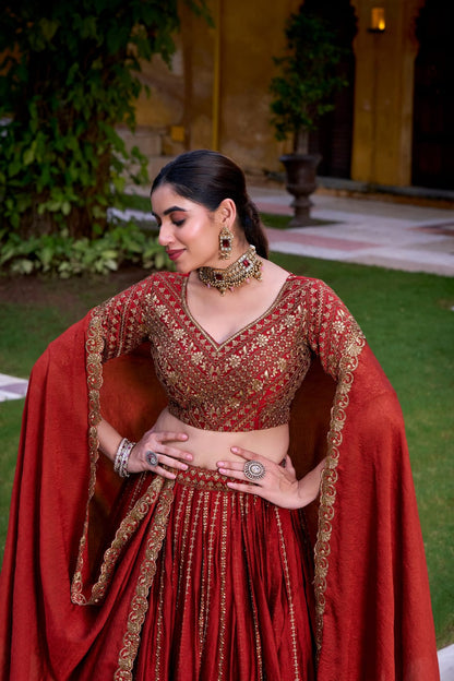 Rust Orange Colour Designer Wedding Lehenga Choli