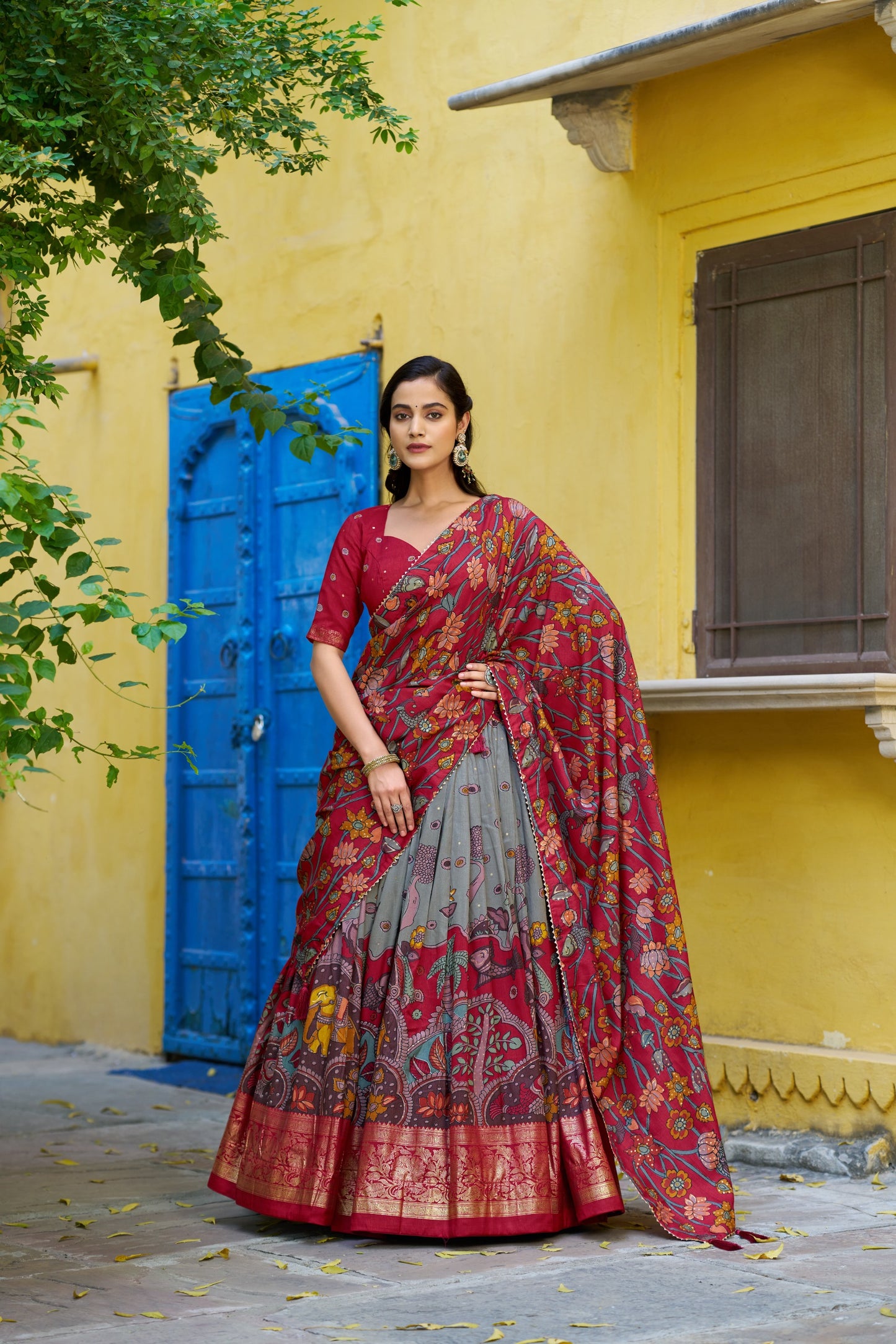 Grey Color Tussar Silk Designer Kalamkari Print Lehenga Choli with Dupatta with a foil work border