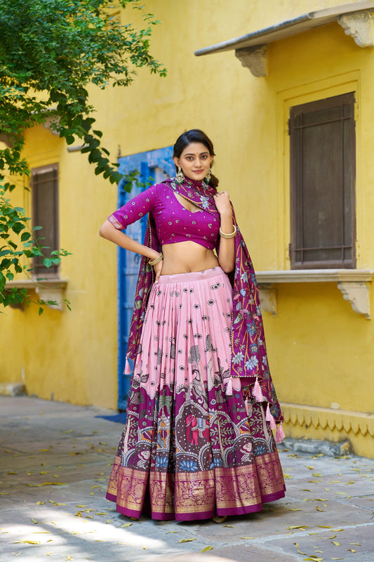 Light Pink Color Tussar Silk Designer Kalamkari Print Lehenga Choli with Dupatta with a foil work border