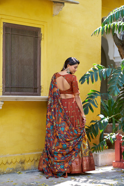 Rust Orange Color Tussar Silk Designer Kalamkari Print Lehenga Choli with Dupatta with a foil work border