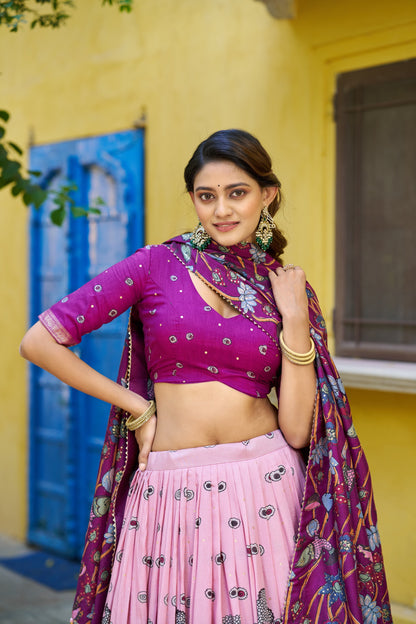 Light Pink Color Tussar Silk Designer Kalamkari Print Lehenga Choli with Dupatta with a foil work border