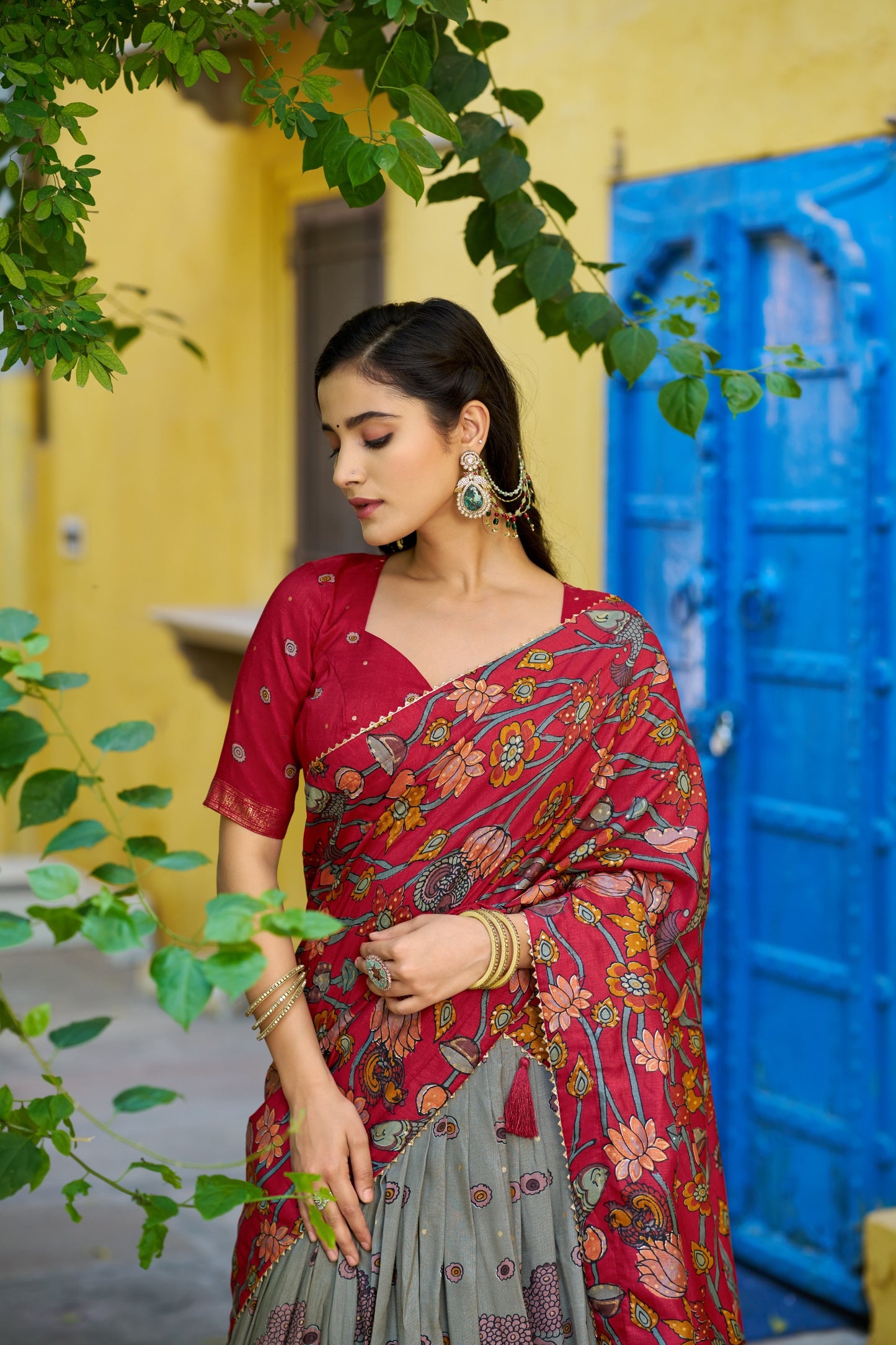 Grey Color Tussar Silk Designer Kalamkari Print Lehenga Choli with Dupatta with a foil work border