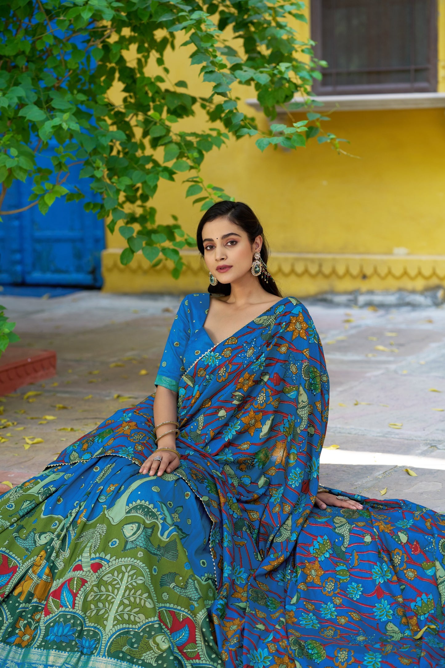 Firozi Colour Tussar Silk Designer Kalamkari Print Lehenga Choli with Dupatta with a foil work border