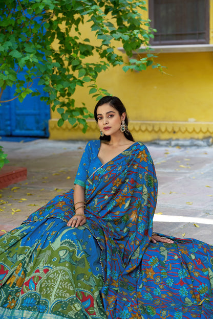 Firozi Colour Tussar Silk Designer Kalamkari Print Lehenga Choli with Dupatta with a foil work border